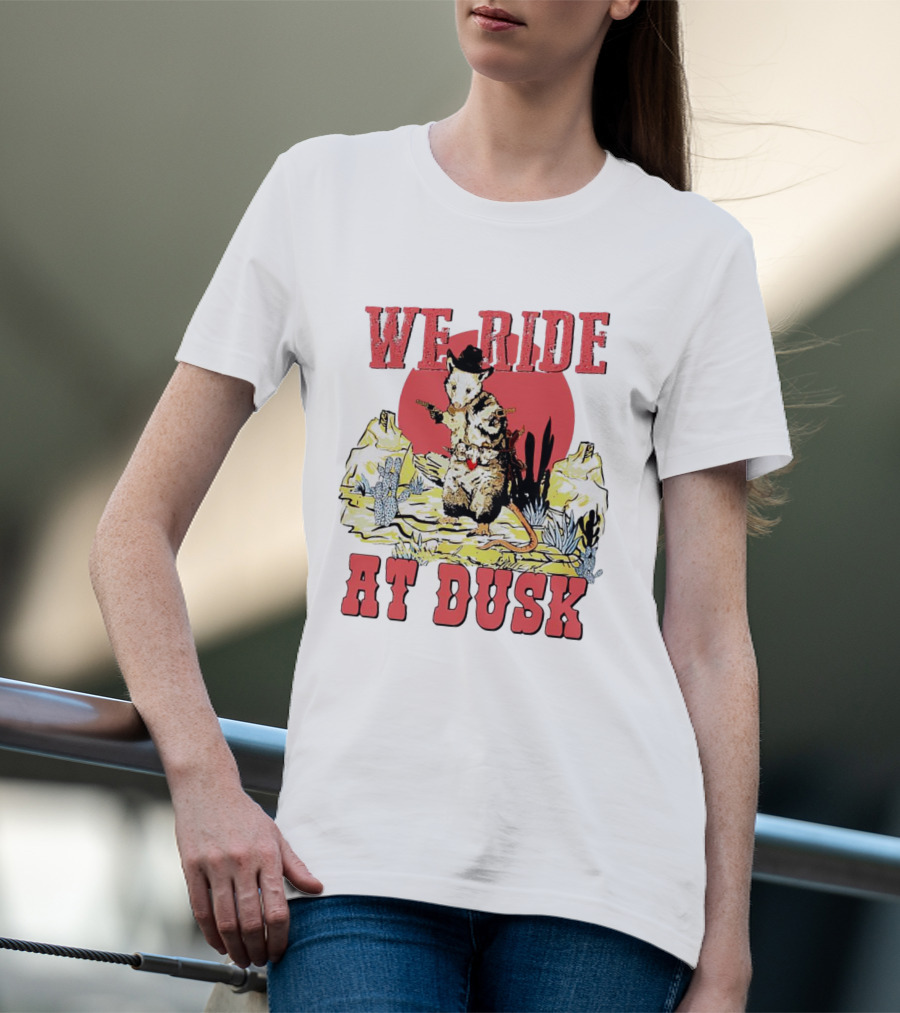 Raccoon Cowboy Desert Adventure We Ride At Dusk T-Shirt