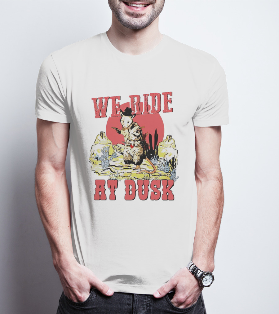 Raccoon Cowboy Desert Adventure We Ride At Dusk T-Shirt