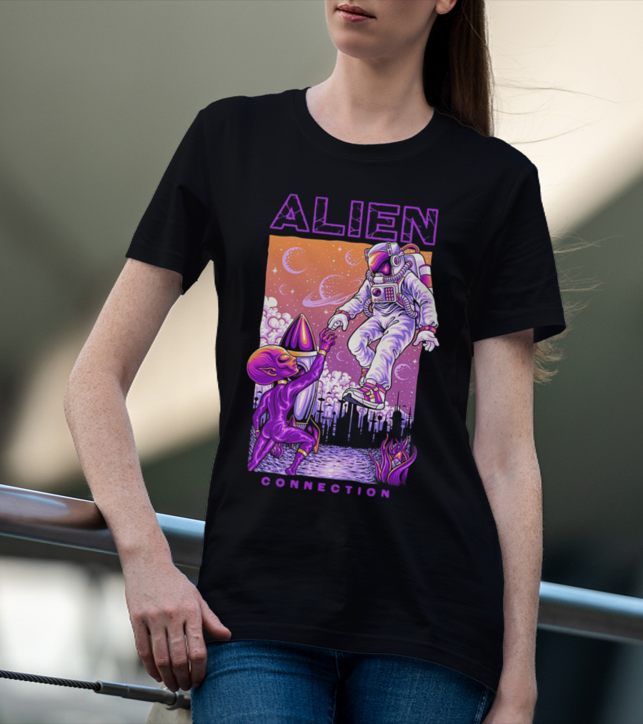 Alien And Astronaut Universal Bond Under Neon Cosmic Sky T-Shirt