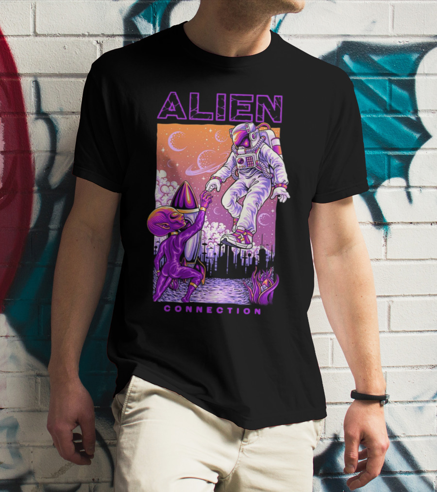 Alien And Astronaut Universal Bond Under Neon Cosmic Sky T-Shirt
