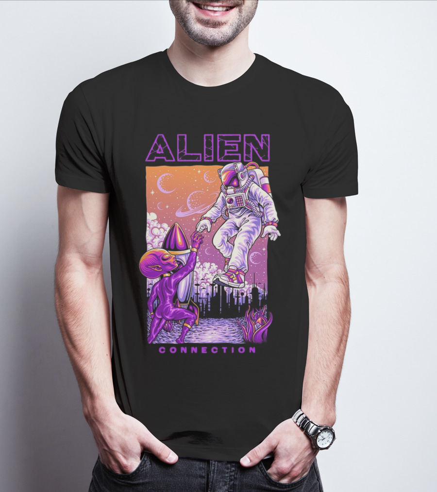 Alien And Astronaut Universal Bond Under Neon Cosmic Sky T-Shirt