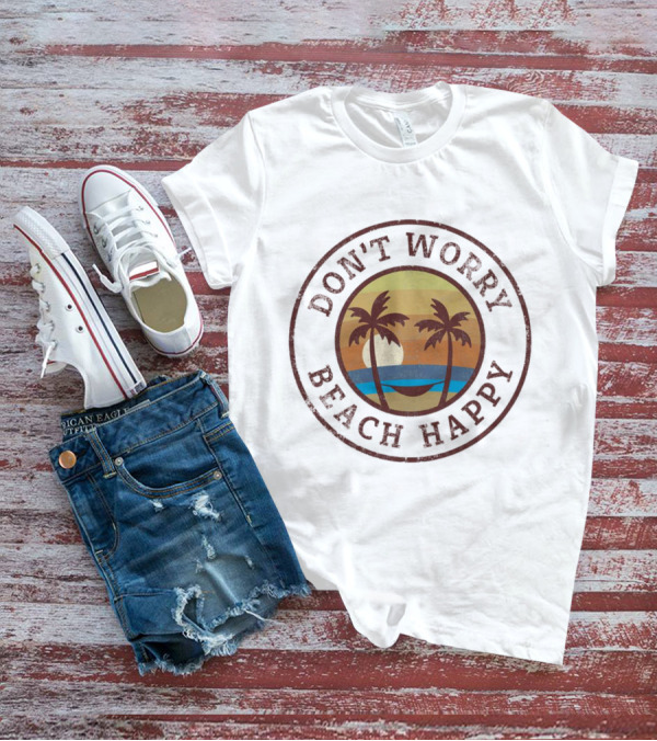 Don’t Worry Beach Happy Palm Trees Sunset Hammock Retro Circle T-Shirt