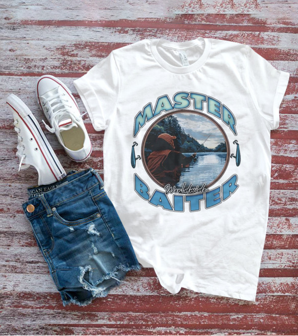 Master Baiter Worldwide Fishing Scene With Blue Text And Water Reflection T-Shirt