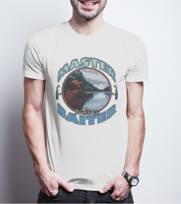 Master Baiter Worldwide Fishing Scene With Blue Text And Water Reflection T-Shirt