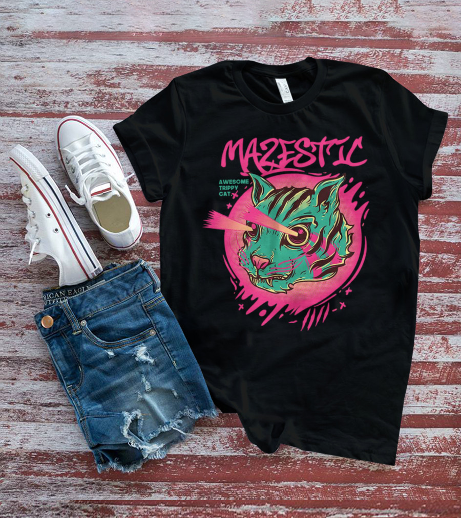 Mazestic Awesome Trippy Cat Psychedelic Neon Laser Eyes T-Shirt