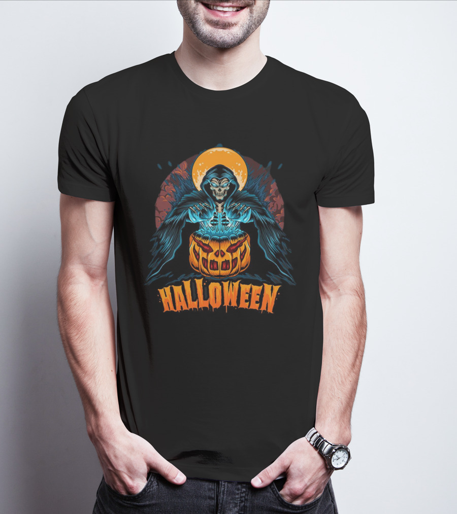 Grim Reaper With Pumpkin And Full Moon Halloween T-Shirt