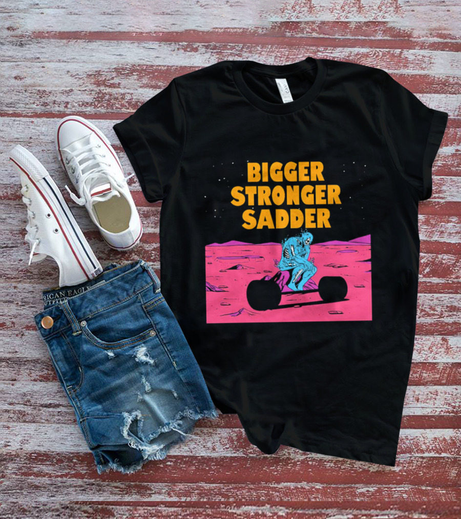 Bigger Stronger Sadder Skeleton Lifting Weights On Alien Planet T-Shirt