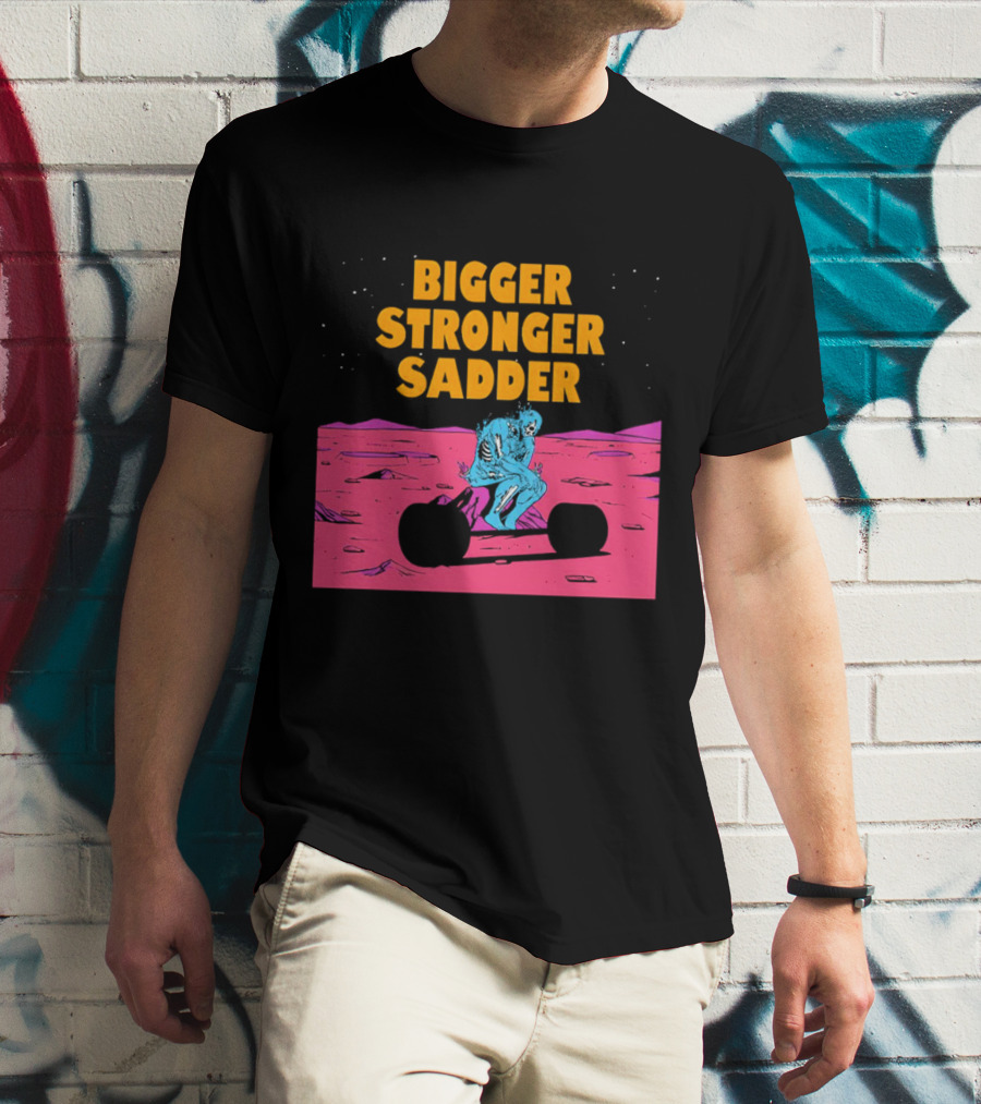 Bigger Stronger Sadder Skeleton Lifting Weights On Alien Planet T-Shirt