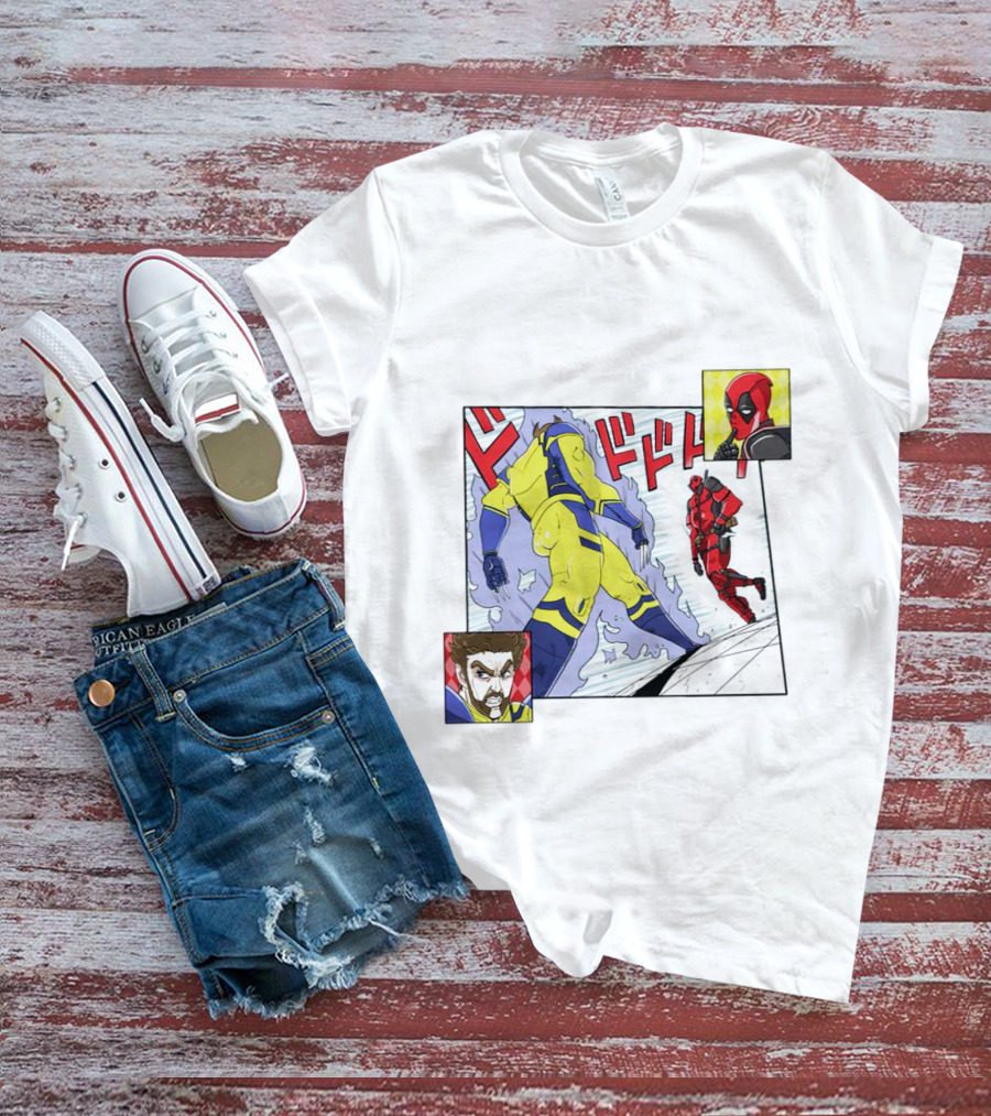 Intimate Enemies Deadpool Confrontation With Wolverine Comic Style Panel T-Shirt