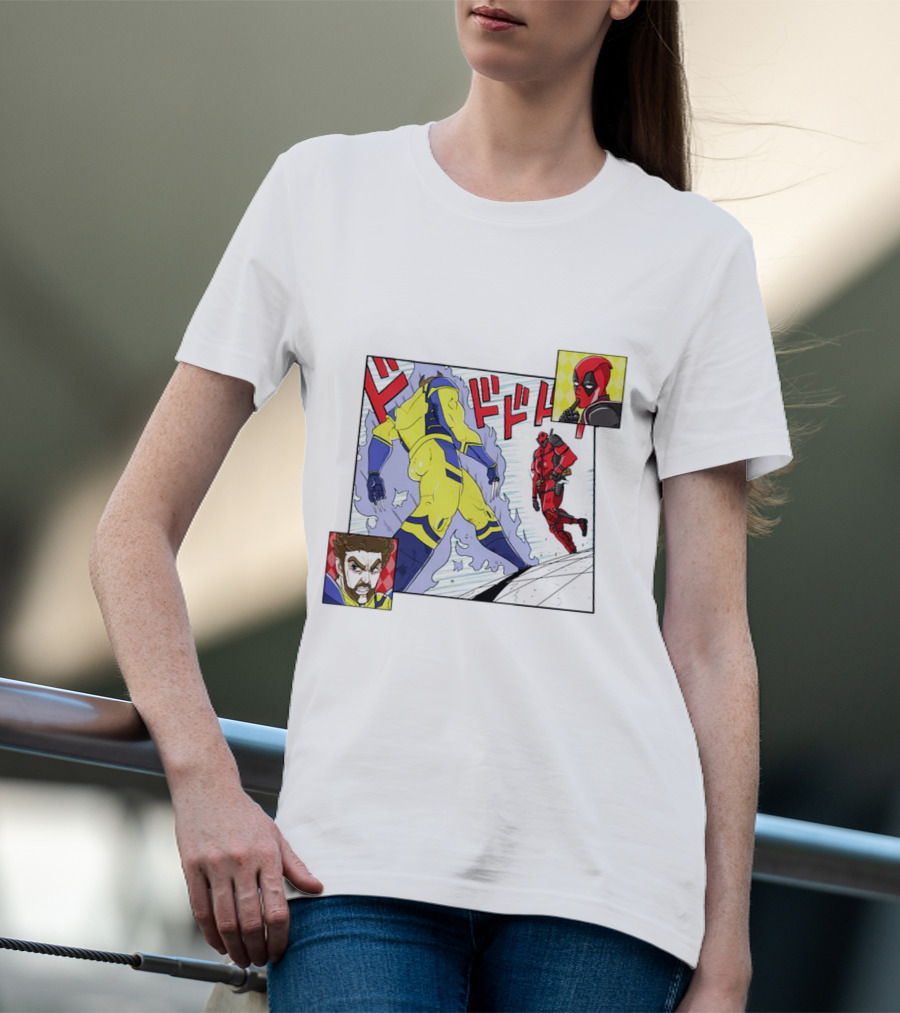 Intimate Enemies Deadpool Confrontation With Wolverine Comic Style Panel T-Shirt
