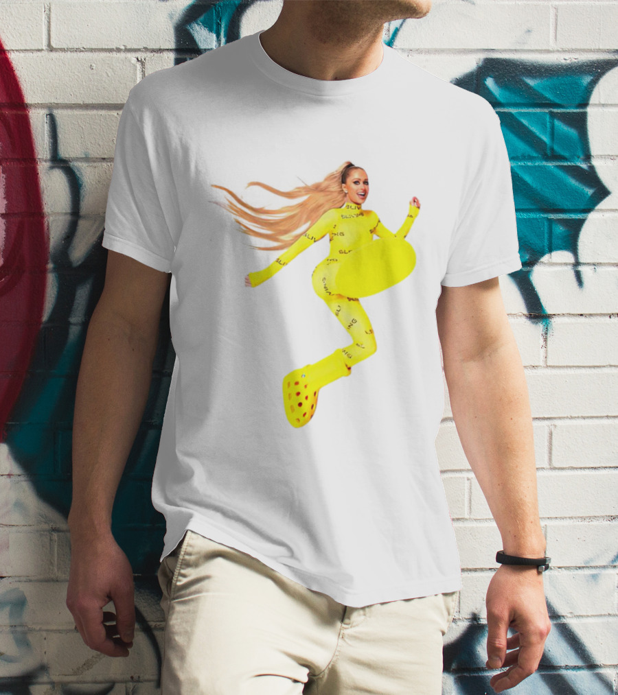 Paris Hilton Yellow Slime Crocs Big Yellow Boot T-Shirt