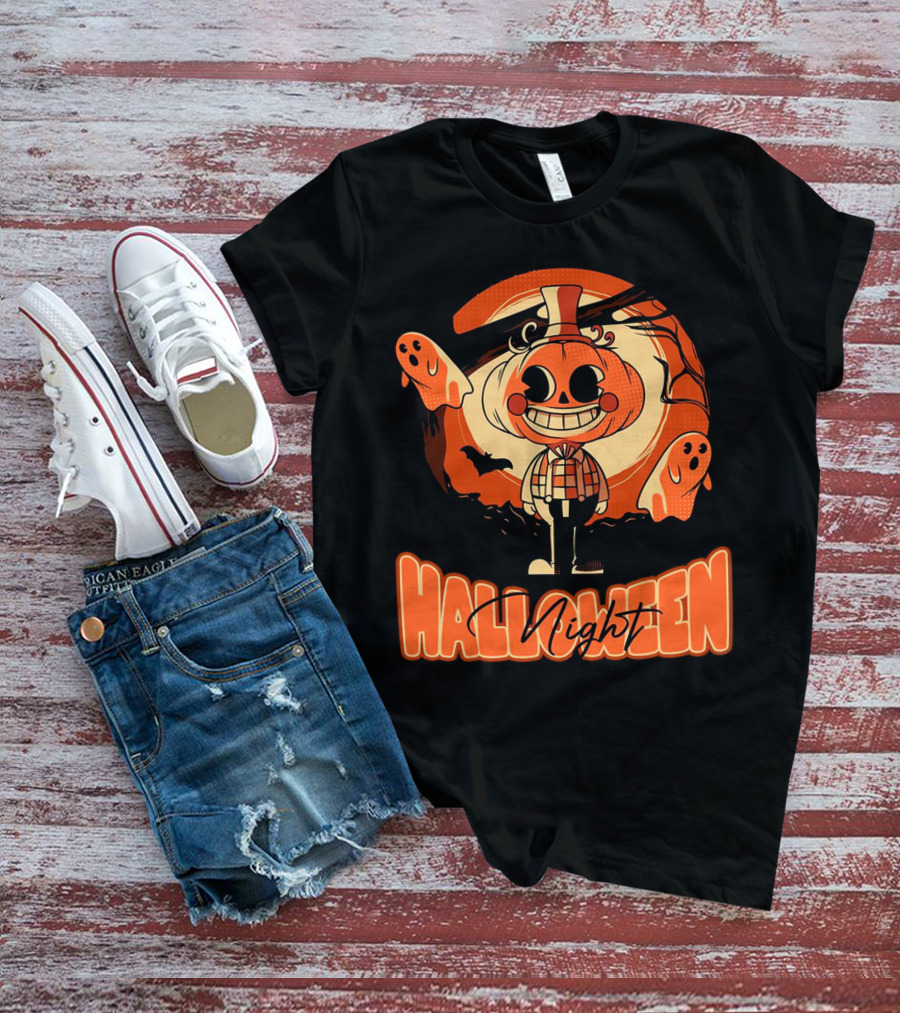 Halloween Night Pumpkin Head Boy With Ghosts And Bats T-Shirt