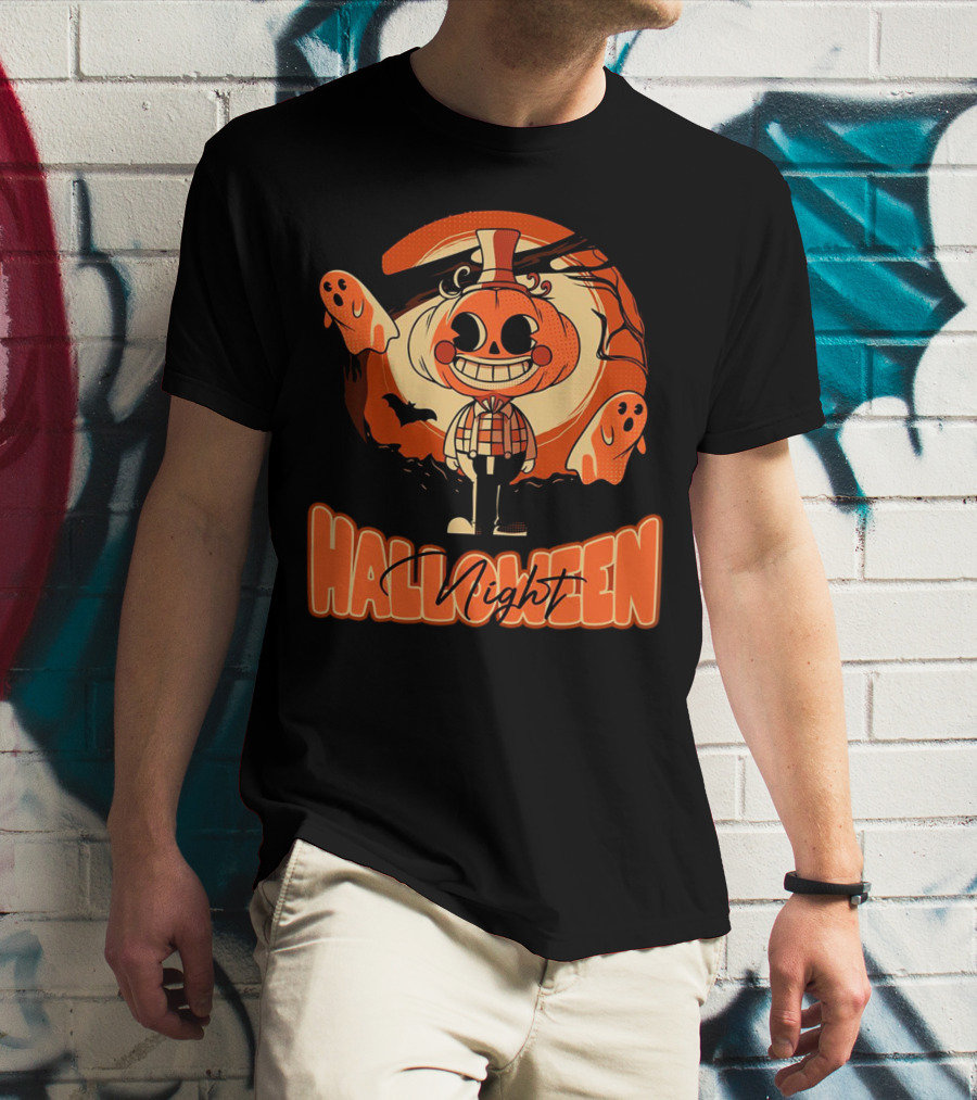 Halloween Night Pumpkin Head Boy With Ghosts And Bats T-Shirt