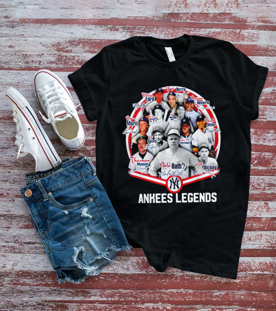 NEW Yankees Legends Babe Ruth Mickey Mantle Derek Jeter Rivera Berra Gehrig Signature T-Shirt