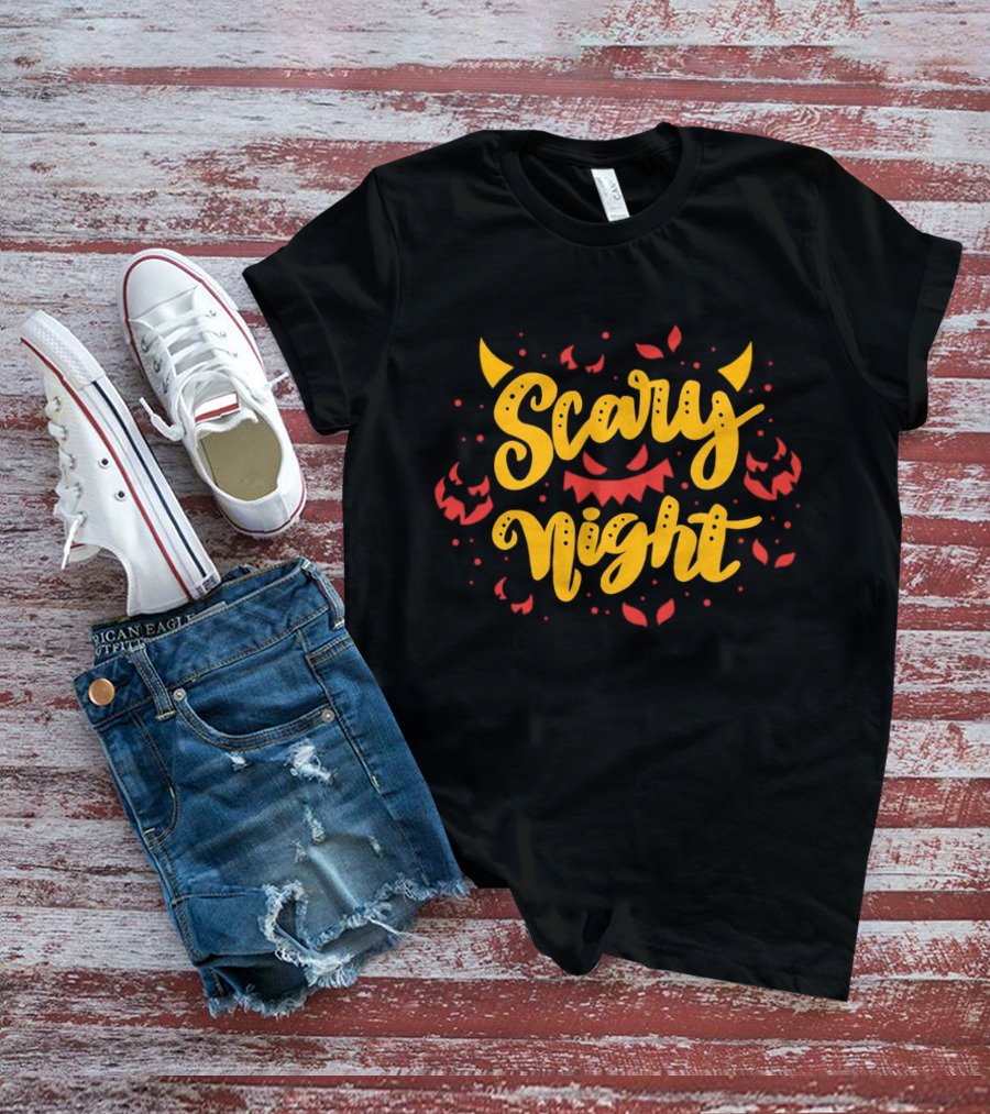 Scary Night Halloween Pumpkin Faces And Demon Horns T-Shirt