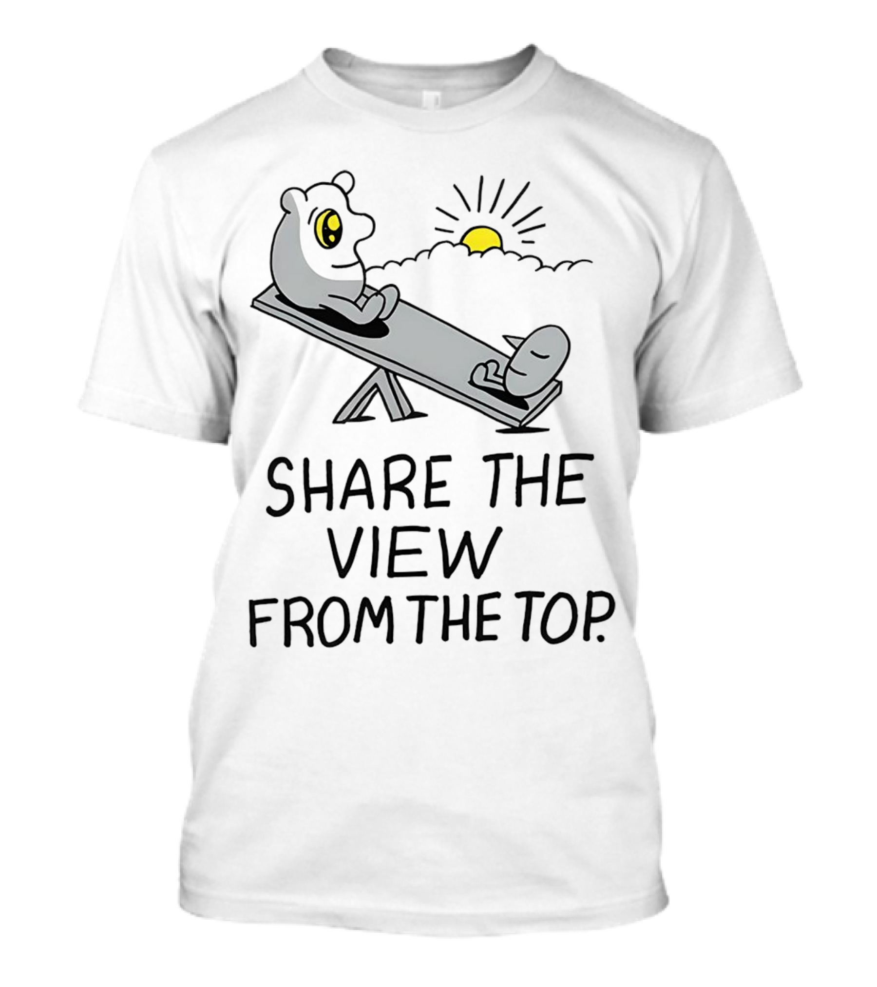Share The View From The Top - Cartoon Figures On Teeter-Totter With Sunset T-Shirt