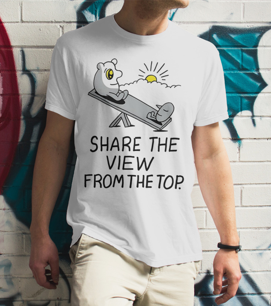 Share The View From The Top - Cartoon Figures On Teeter-Totter With Sunset T-Shirt