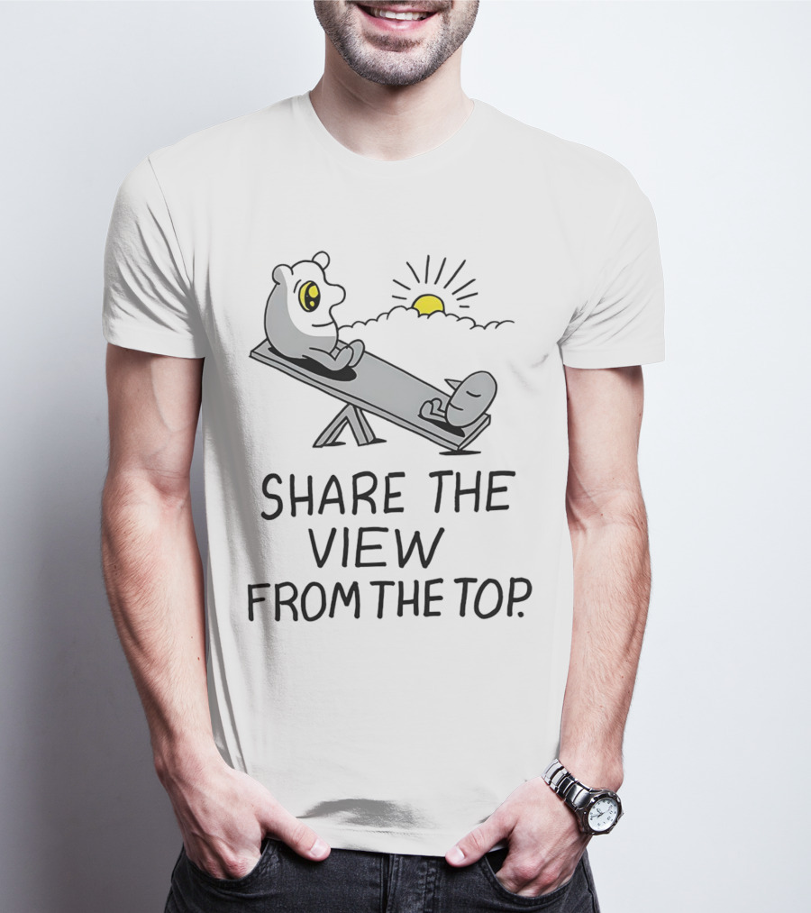 Share The View From The Top - Cartoon Figures On Teeter-Totter With Sunset T-Shirt