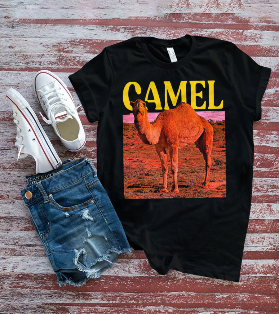 Camel In Vibrant Orange Desert Landscape T-Shirt