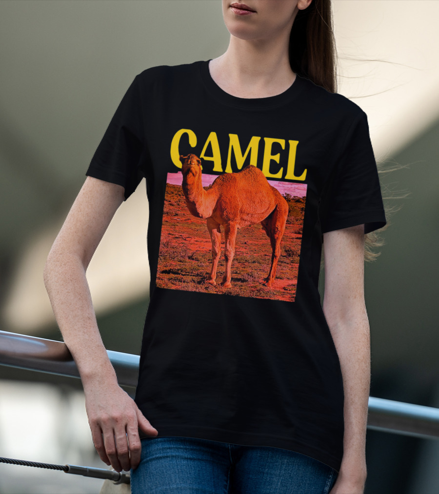 Camel In Vibrant Orange Desert Landscape T-Shirt