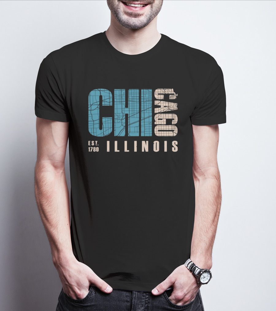 CHI Chicago Illinois Est. 1780 Map Typography T-Shirt