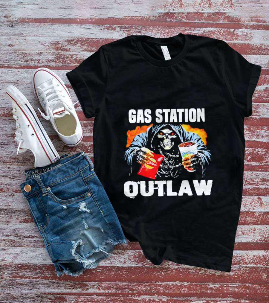 Gas Station Outlaw Chips Fiery Skull T-Shirt