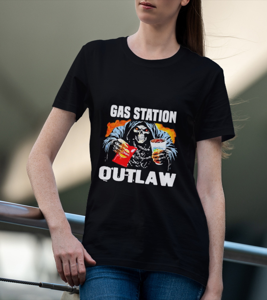 Gas Station Outlaw Chips Fiery Skull T-Shirt