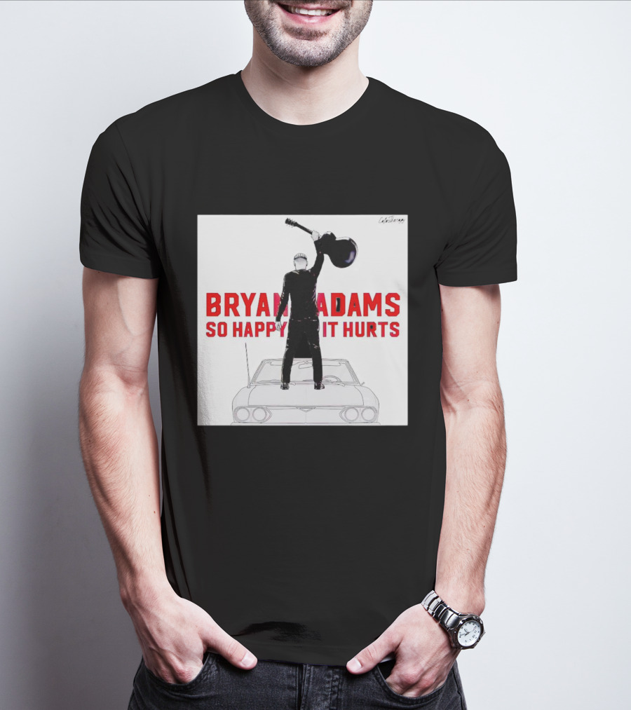Bryan Adams So Happy It Hurts Album Cover Art Standing On Car With Guitar T-Shirt