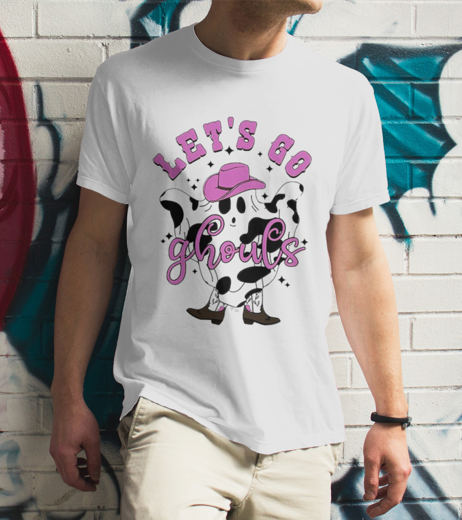 Let's Go Ghouls Halloween Cowboy Ghost With Pink Hat And Boots T-Shirt