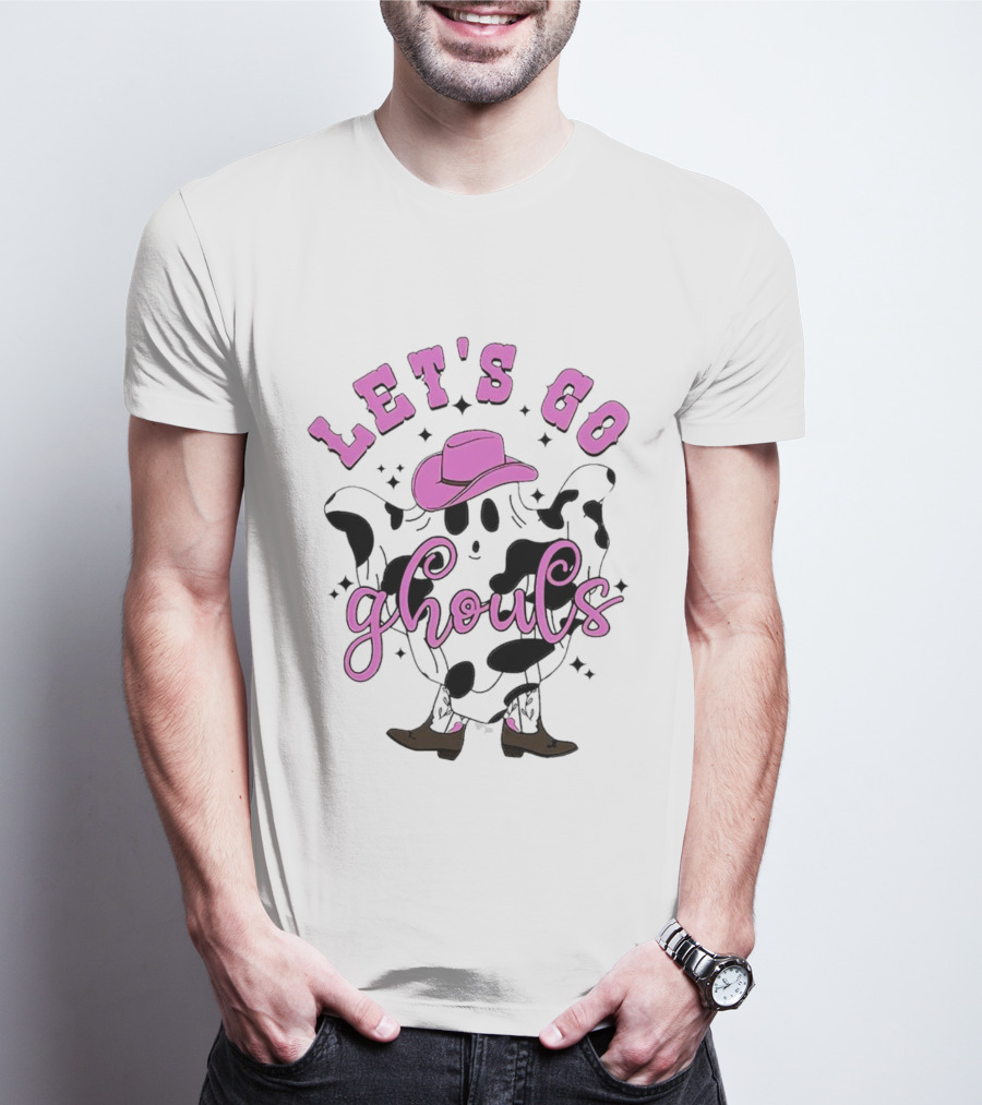 Let's Go Ghouls Halloween Cowboy Ghost With Pink Hat And Boots T-Shirt