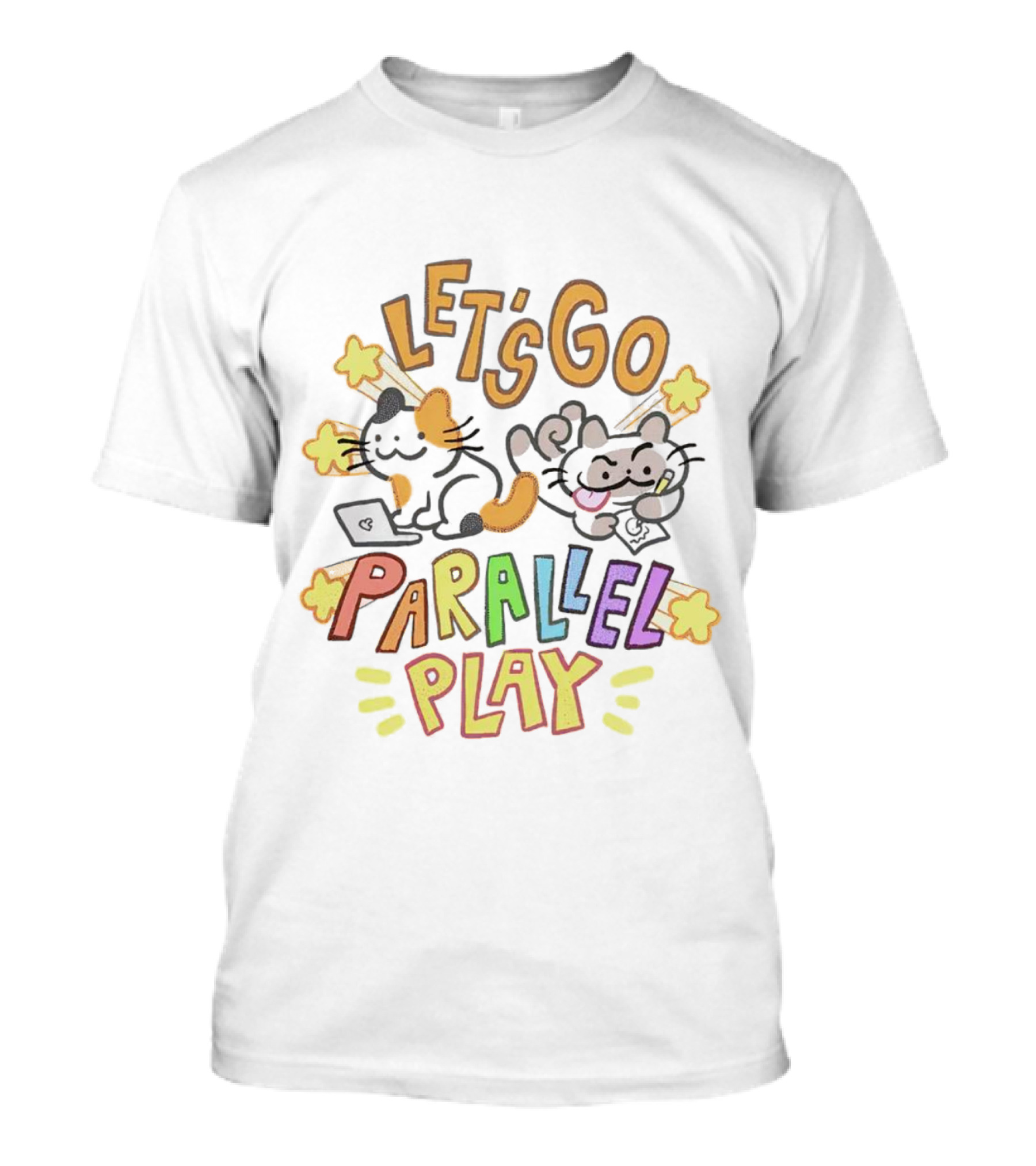 LET'S GO PARALLEL PLAY CUTE CATS WITH STARS AND LAPTOP T-Shirt