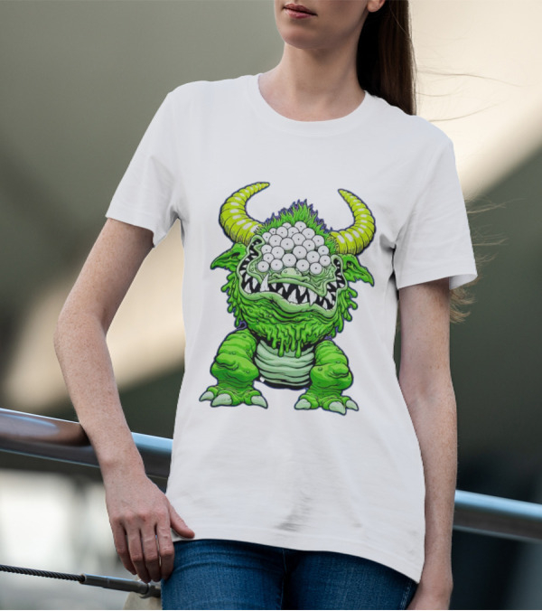 Black Beast Of Aaaarrgghh Multi-Eyed Green Monster With Horns T-Shirt