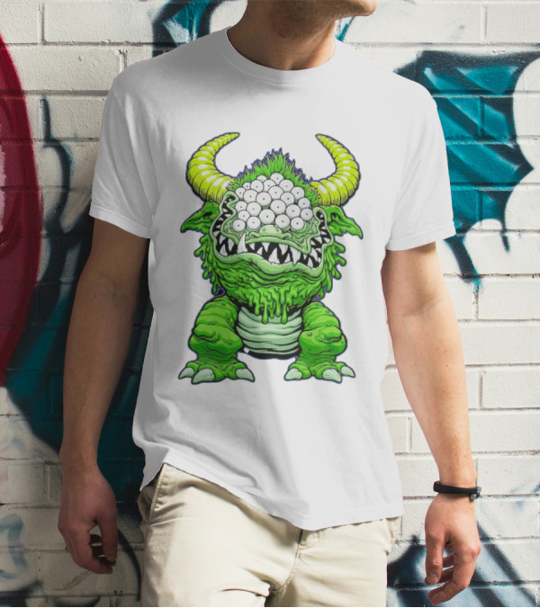 Black Beast Of Aaaarrgghh Multi-Eyed Green Monster With Horns T-Shirt