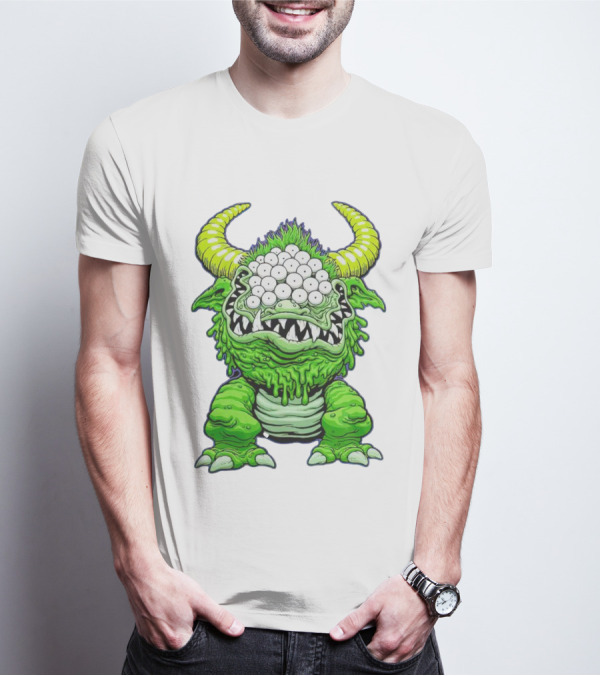 Black Beast Of Aaaarrgghh Multi-Eyed Green Monster With Horns T-Shirt