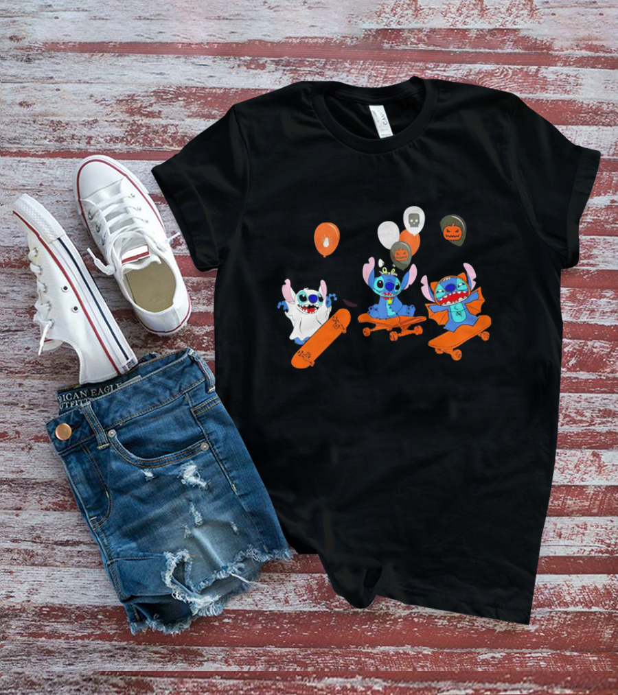 Stitch Skateboarding Halloween Balloons Cute Ghost Pumpkin T-Shirt