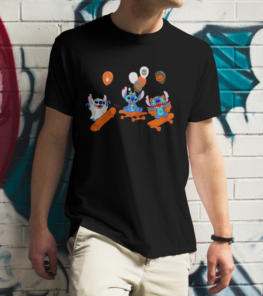 Stitch Skateboarding Halloween Balloons Cute Ghost Pumpkin T-Shirt