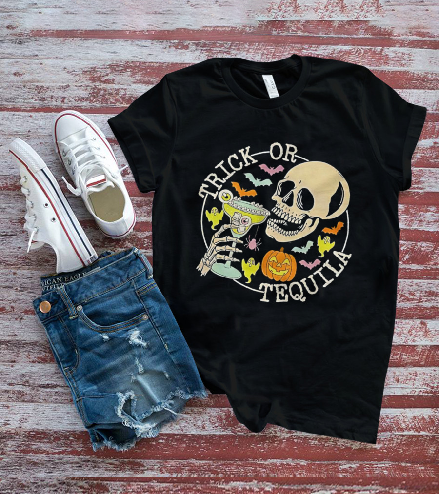 Trick Or Tequila Halloween Skeleton With Margarita, Bats, Ghosts, And Pumpkin T-Shirt