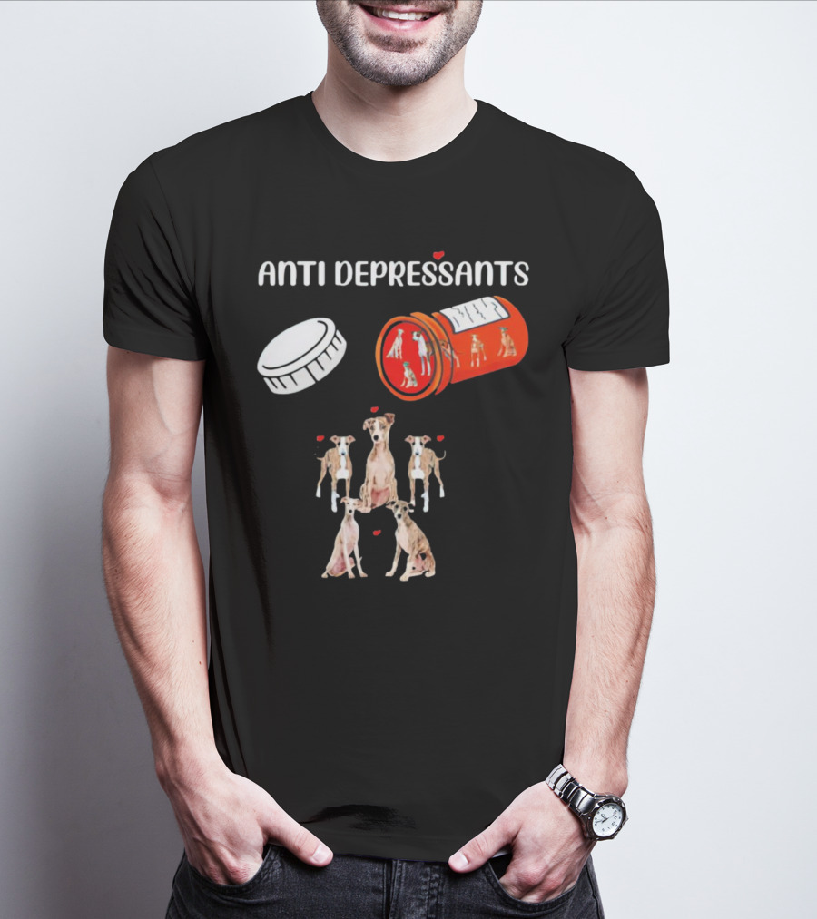 Anti Depressants Dogs Medicine Bottle With Greyhound Puppies T-Shirt