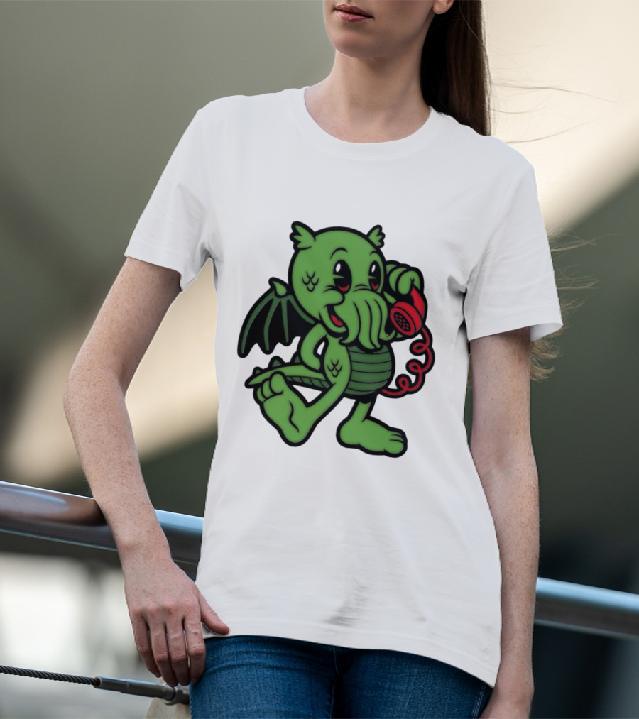 Chubby Cthulhu Phone Call Cartoon With Red Retro Telephone T-Shirt
