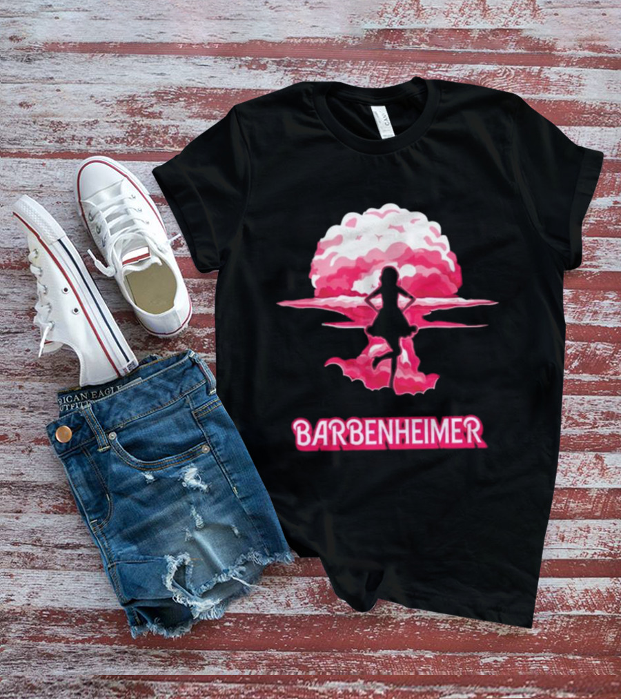 Barbenheimer Fusion Silhouette With Pink Explosion Background T-Shirt