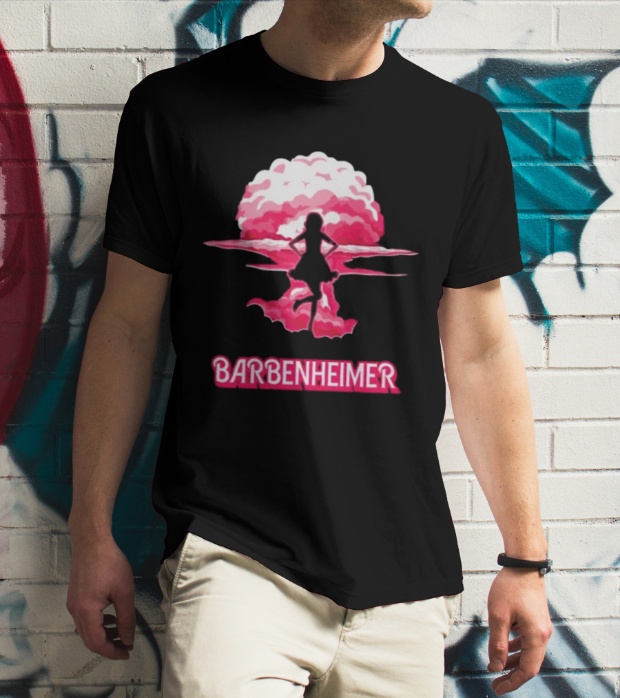 Barbenheimer Fusion Silhouette With Pink Explosion Background T-Shirt
