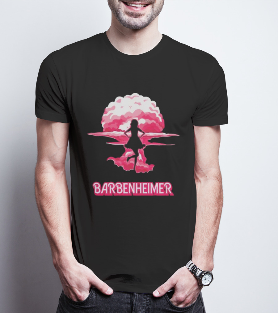 Barbenheimer Fusion Silhouette With Pink Explosion Background T-Shirt