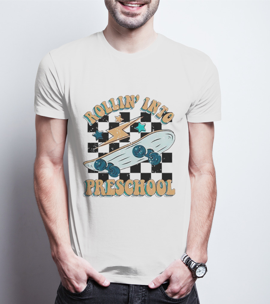 Rollin Into Preschool Skateboard Lightning Stars Checkered Background T-Shirt