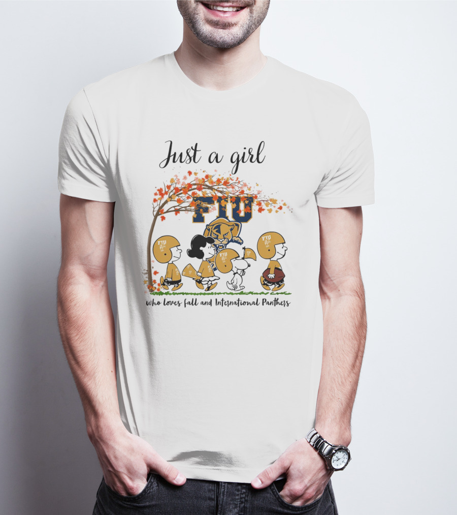 Just A Girl Who Loves Fall And FIU International Panthers Peanuts Cartoon T-Shirt