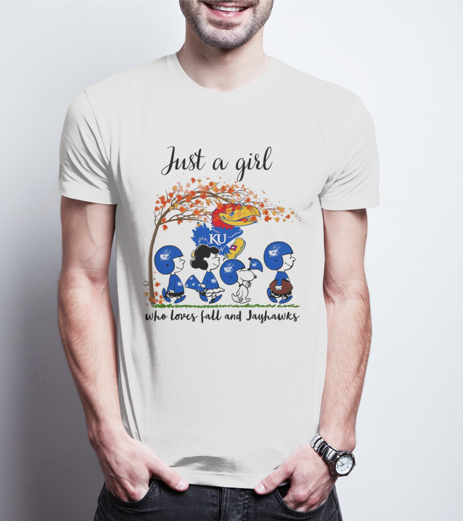 Just A Girl Who Loves Fall And Jayhawks Peanuts Cartoon Halloween KU T-Shirt