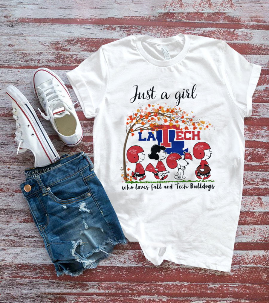 Just A Girl Who Loves Fall And LA Tech Bulldogs Peanuts Cartoon T-Shirt