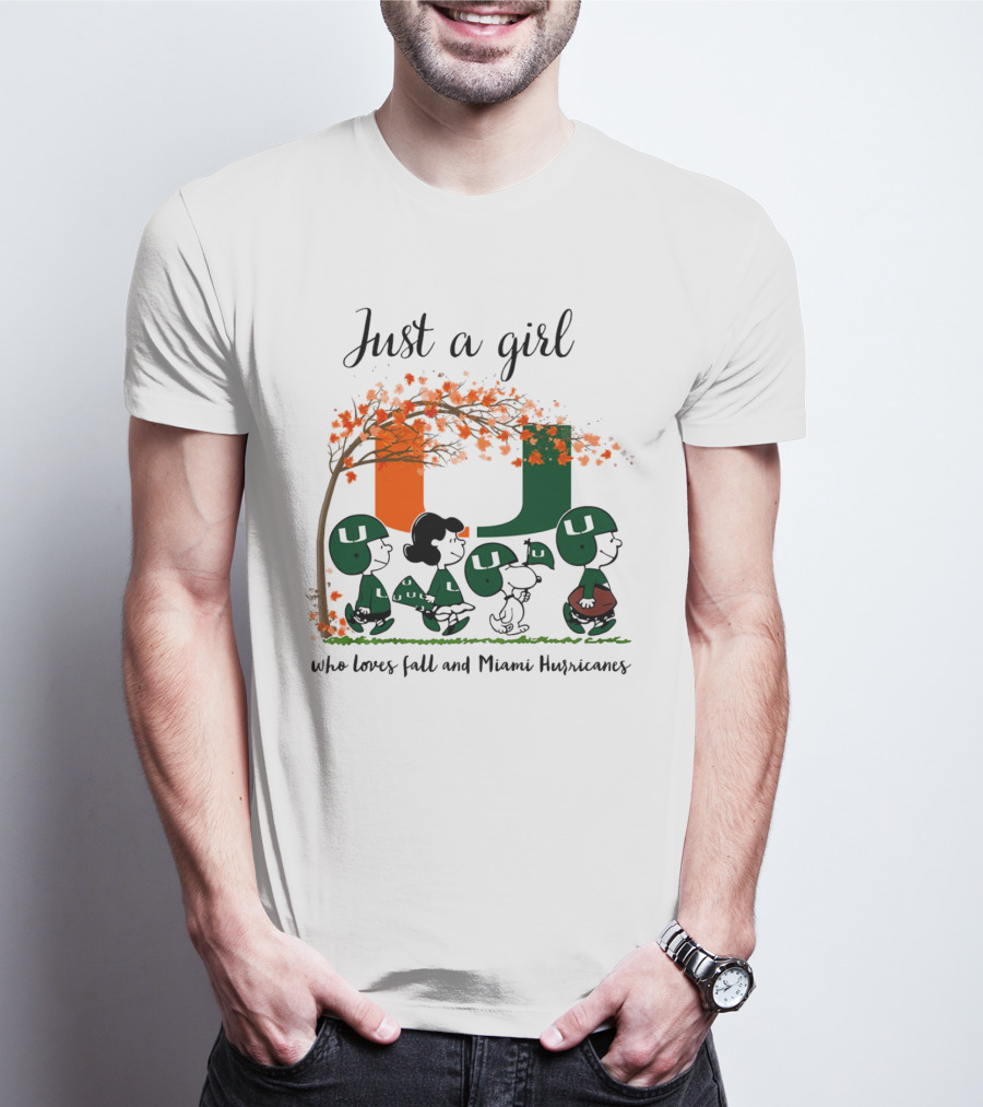 Just A Girl Who Loves Fall And Miami Hurricanes Peanuts Cartoon T-Shirt