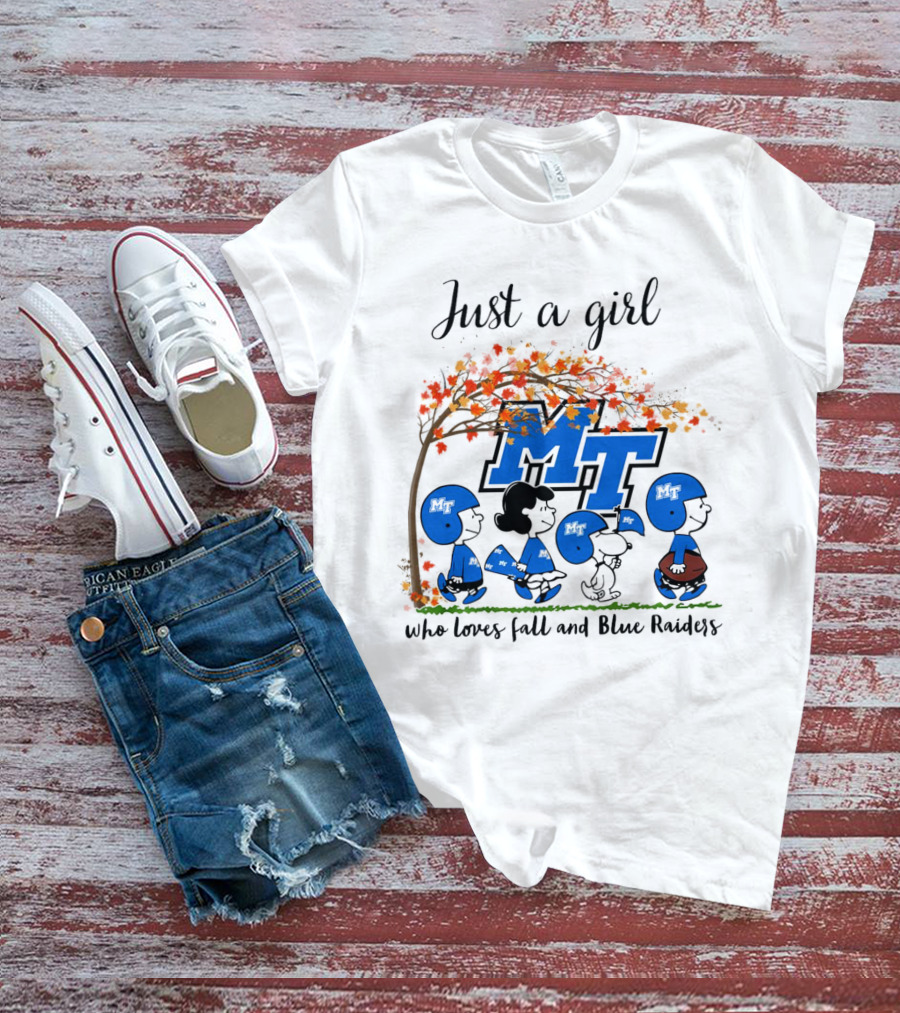 Just A Girl Who Loves Fall And Middle Tennessee Blue Raiders Peanuts Cartoon T-Shirt