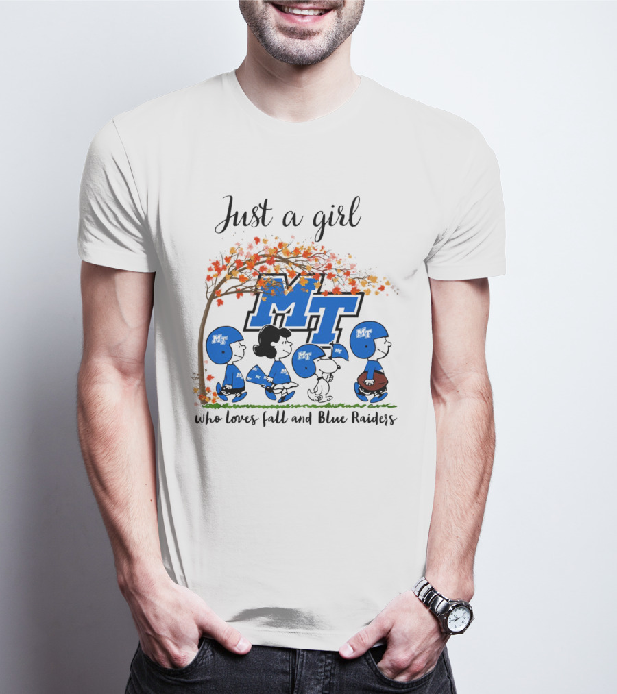 Just A Girl Who Loves Fall And Middle Tennessee Blue Raiders Peanuts Cartoon T-Shirt