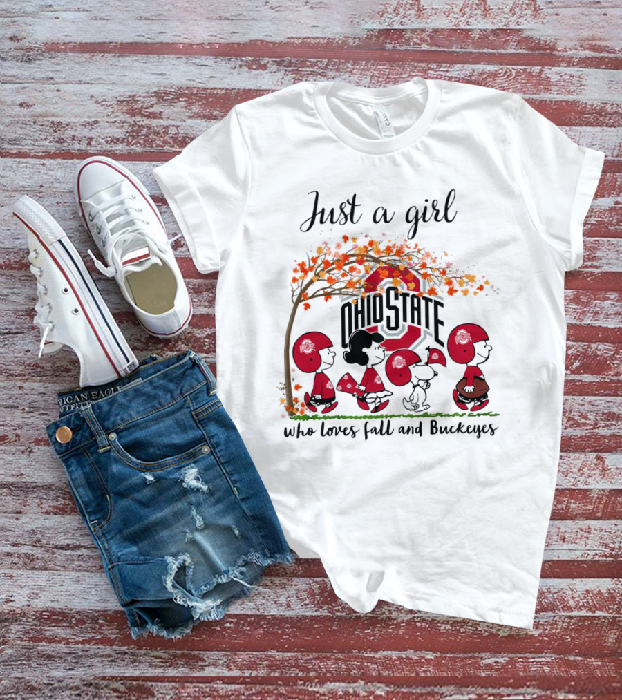 Just A Girl Who Loves Fall And Ohio State Buckeyes Peanuts Cartoon T-Shirt